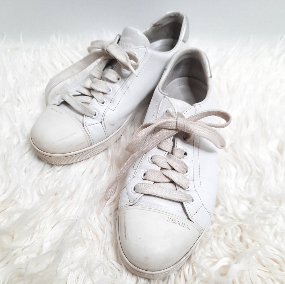 Prada White & Silver Leather Sneakers 37
